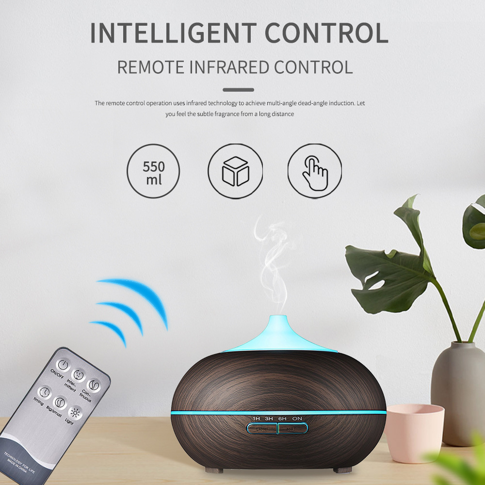 Grano de madera máquina de aromaterapia humidificador 550ml control remoto inteligente ultrasónico colorido lámpara fragancia máquina aceite esencial fábrica al por mayor