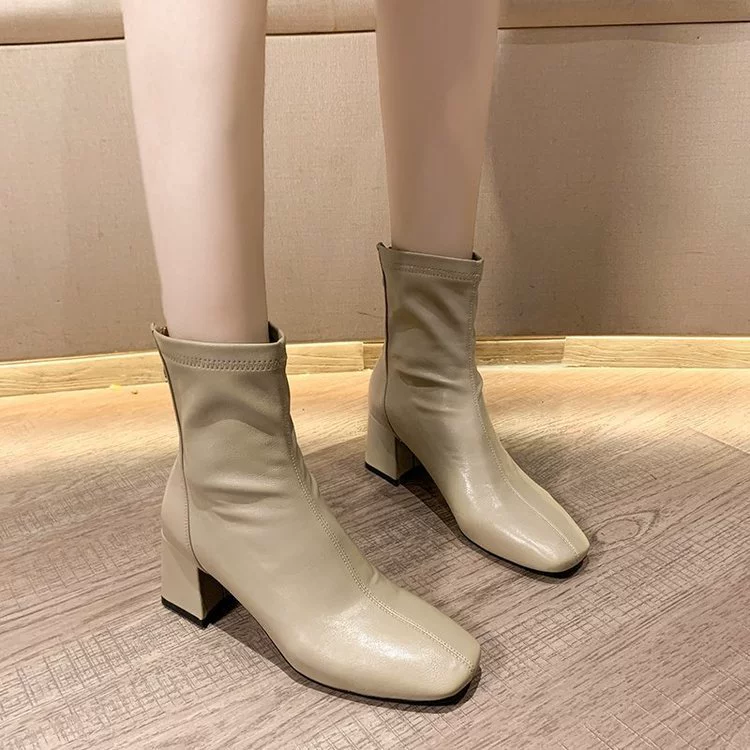 Короткие сапоги на толстом каблуке с квадратным носком, женские осенне-зимние сапоги на среднем каблуке, новые тонкие сапоги кибер-знаменитостей из мягкой кожи на высоком каблуке, 2020