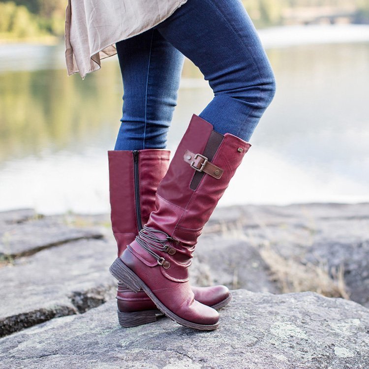 Neue mittellange Ritterstiefel mit Blockabsatz und rundem Kopf und seitlichem Reißverschluss für Herbst/Winter_voghion.com