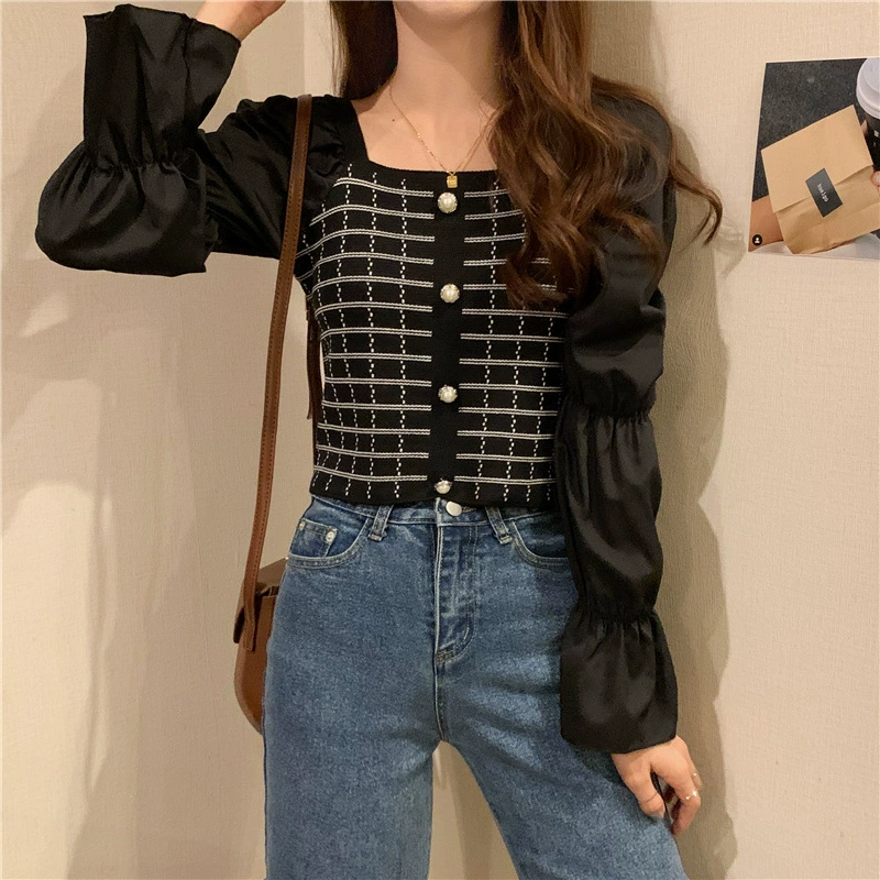 Осенние knitted рукава, короткая свитер, длинный рукав, стиль Chanel, рукав puff, корейский стиль, квадратное декольте