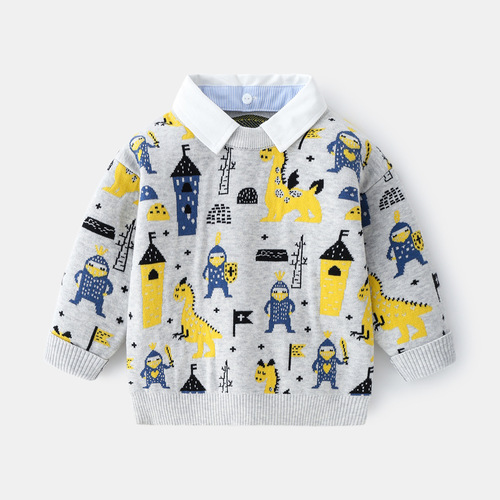 New Boys' Sweater Fake Two-piece Shirt Collar Children's Clothing Sweater Boys Pullover Sweater