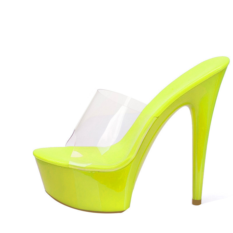 Fashion Candy Color Transparent Glass Plastic Fish Mouth Platform High Heel Sandals and Slippers Stage Shoes