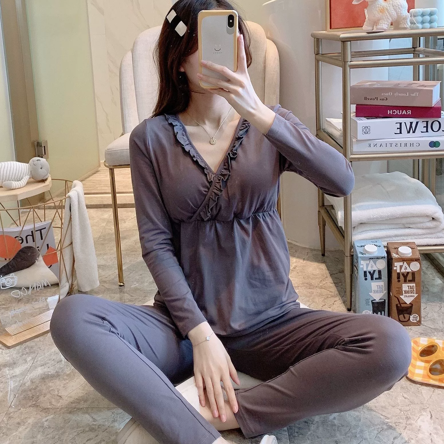 [В наличии 8611] Осенняя одежда и брюки для беременных Пижама для кормления грудью Костюм для кормления грудью Хлопковая одежда для Луны Весна, лето, осень и зима