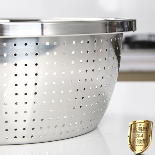 Thickened 304 stainless steel basin, rice washing basin, rice washing sieve, kitchen draining vegetable basin, fruit basket, small hole leaking basin