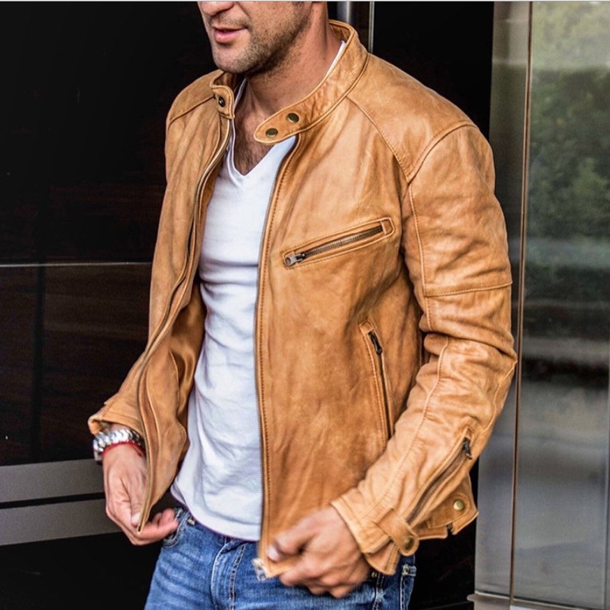 Comercio exterior de los hombres abrigo de cuero 2023 invierno nuevo Amazon color sólido casual cremallera decorativa pu chaqueta de cuero abrigo para hombres