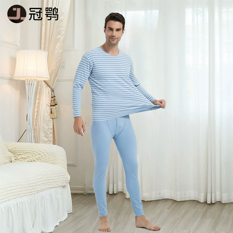 Бесшовное термобелье De Velvet Stripe с V-образным вырезом, мужское плотное осеннее белье на флисовой подкладке, темно-синий горячий костюм Shoku
