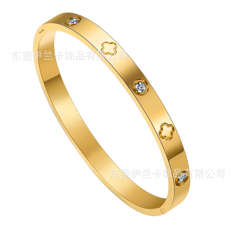 Estilo coreano hebilla de apertura de 6mm de oro rosa 18K afortunado Flor de cuatro hojas de diamantes pulsera de acero de titanio fábrica en stock al por mayor