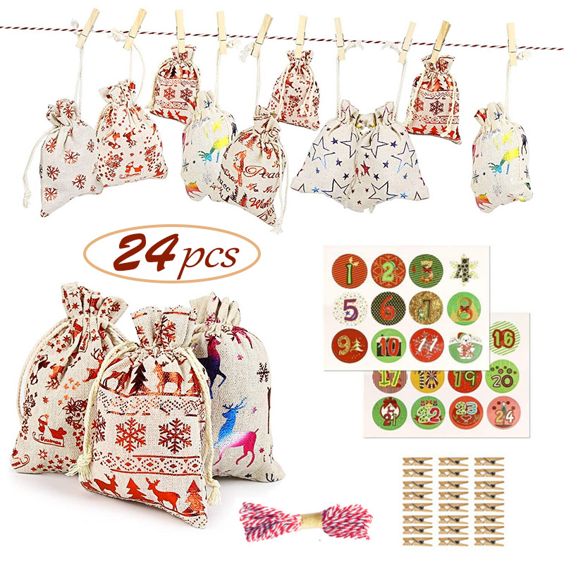 12色麻布圣诞礼品袋 烫金圣诞图案巧克力糖果包装礼物袋 现货套装