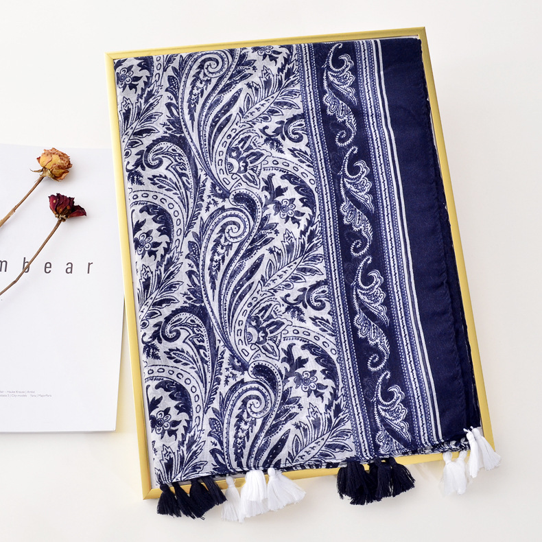 2020 otoño e invierno nuevo azul marino borla impresa algodón y lino bufanda vintage azul y blanco porcelana fina protector solar chal bufanda