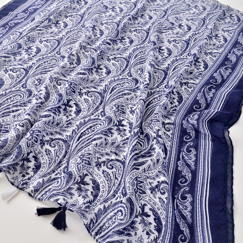 2020 otoño e invierno nuevo azul marino borla impresa algodón y lino bufanda vintage azul y blanco porcelana fina protector solar chal bufanda