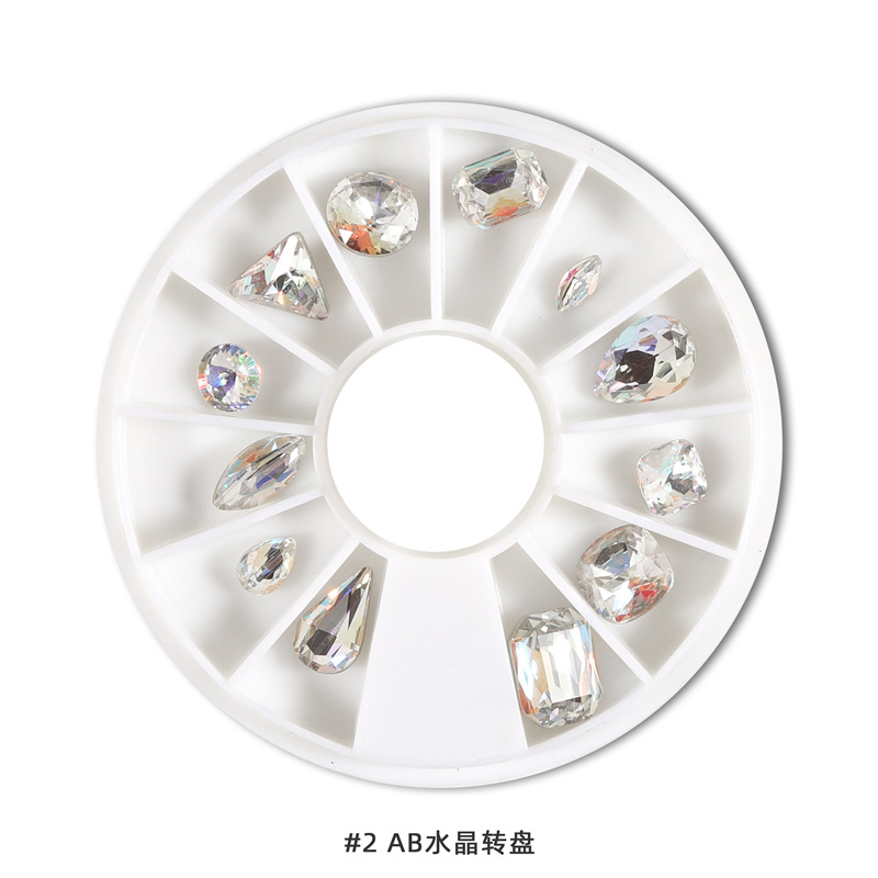 Suministro transfronterizo de uñas joyería de plato giratorio colorido en forma especial AB diamante colorido vidrio diamante clavo joyería colección de plato giratorio