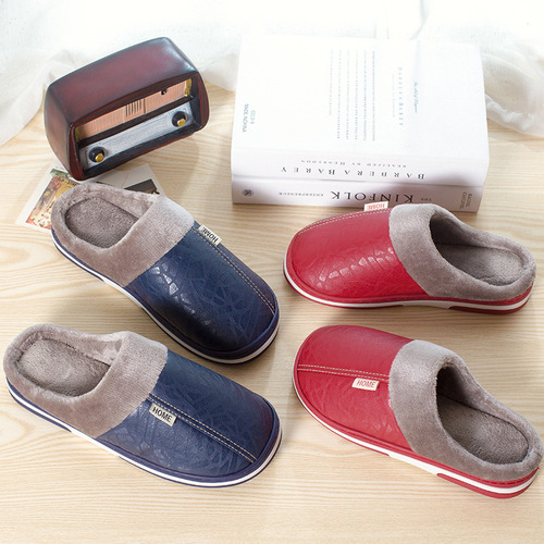 35-51 women's home cotton slippers with PU leather surface and winter fur lining for men's large size dropshipping