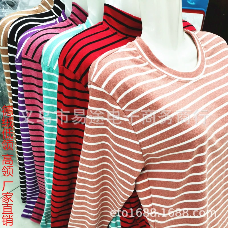 Осенне-зимняя новая полосатая рубашка с двусторонней шлифованной тканью для женщин среднего и пожилого возраста, теплая осенняя одежда с высоким воротником и низким воротником