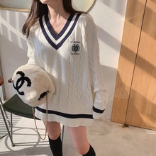 学院风V领套头针织衫毛衣女 韩版大码显瘦日系中长款拼色外衣