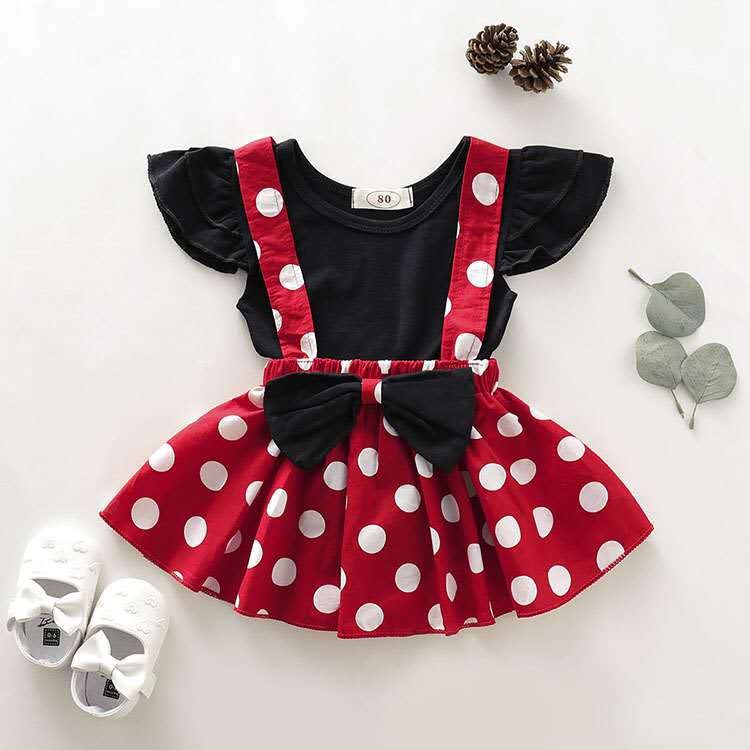 2025 New Skirt Girls Summer Solid Color Flying Sleeve Top + Polka Dot Suspender Skirt Factory Direct Sales