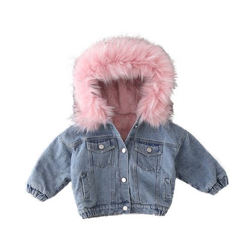 Winter New Girls' Coat Korean Style Medium and Small Children's Thick and Fleece Denim Jacket for Boys with Big Plush Cotton Padded Coat