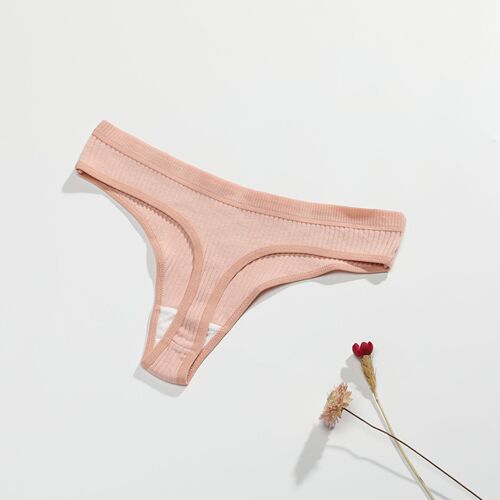 Women's Comfortable Abdominal Support T-Strap Underwear with Ribbed Fabric, Low-Waisted Breathable Pure Cotton Trousers