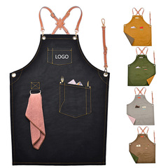 牛仔工作服圍裙跨境logo印字理髮師奶茶店咖啡廳餐飲烘焙時尚圍腰