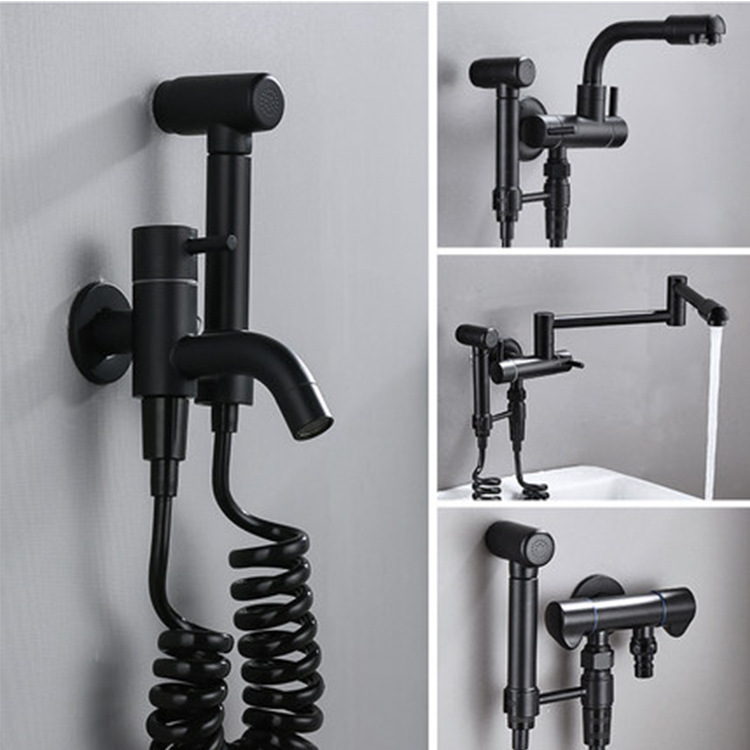 Black single cold faucet balcony with spray gun lengthened washing machine mop pool rotating quick open toilet flush brass