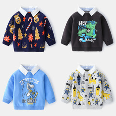 2023 New Boys' Sweater Fake Two-piece Shirt Collar Children's Clothing Sweater Boys Pullover Sweater