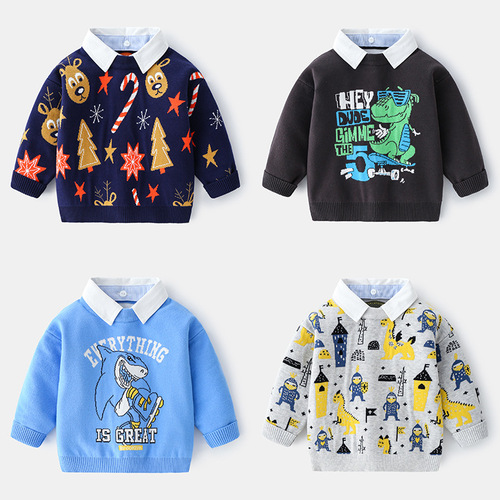  New Boys' Sweater Fake Two-piece Shirt Collar Children's Clothing Sweater Boys Pullover Sweater