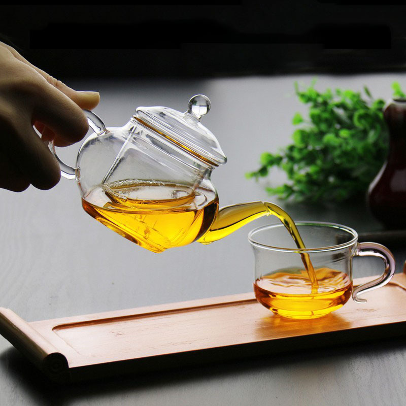 Fábrica al por mayor olla de seis personas con Gall hecho a mano olla de vidrio resistente al calor Flor de vidrio y hierba tetera transparente mini tetera LOGO