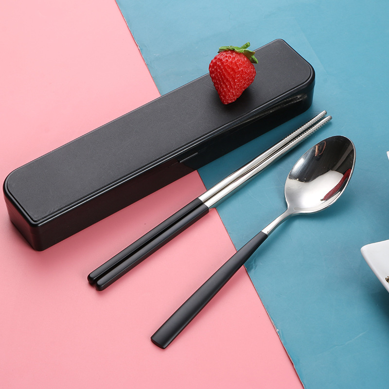 Mingrui 304 Stainless Steel Spoon and Chopsticks Set Outdoor Portable Tableware High-Looking Student Color Handle Alloy Chopsticks Spoon