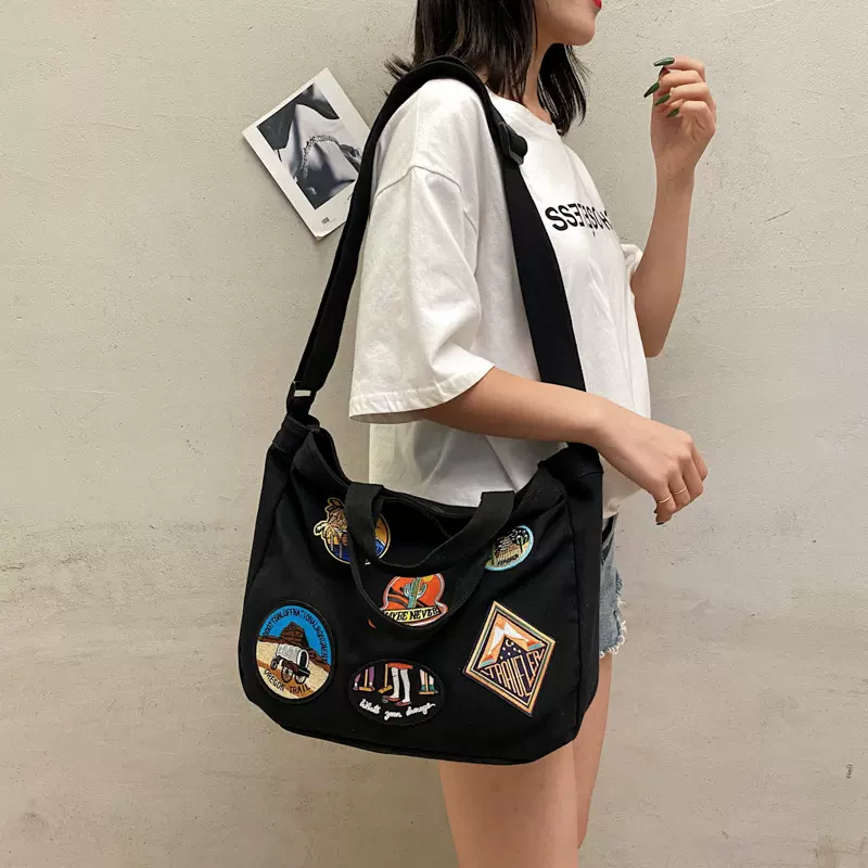 帆布包新款休闲刺绣徽章布标时尚耐磨大容量单肩斜挎女包布包手提