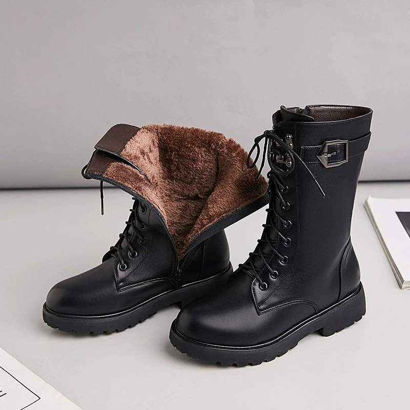 Зимние сапоги из натуральной кожи, женские короткие сапоги, теплые новые ботинки Martin на Плоском Каблуке, зимние сапоги на плоской толстой подошве с флисовой подкладкой, шерстяные хлопчатобумажные сапоги