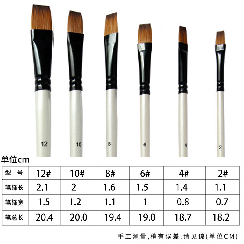 Transfronterizo 6 pinceles de madera perlada barra blanca de dos colores de nylon cabello cabeza redonda cabeza plana para niños DIY pinceles de pintura al óleo