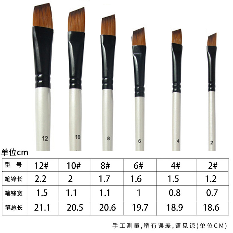 Transfronterizo 6 pinceles de madera perlada barra blanca de dos colores de nylon cabello cabeza redonda cabeza plana para niños DIY pinceles de pintura al óleo