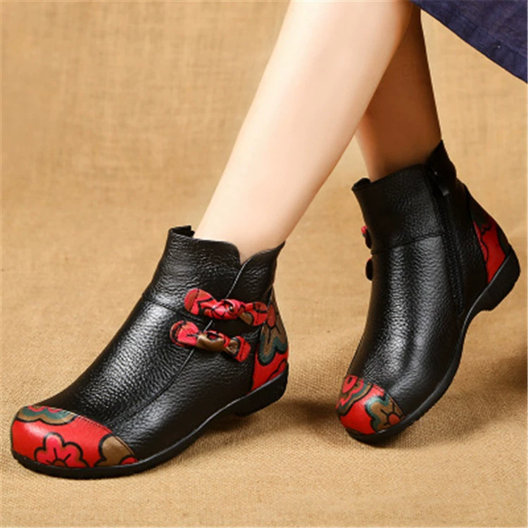 Ethnic leather low boots with bow, keep warm shoes for mother, ethnic style