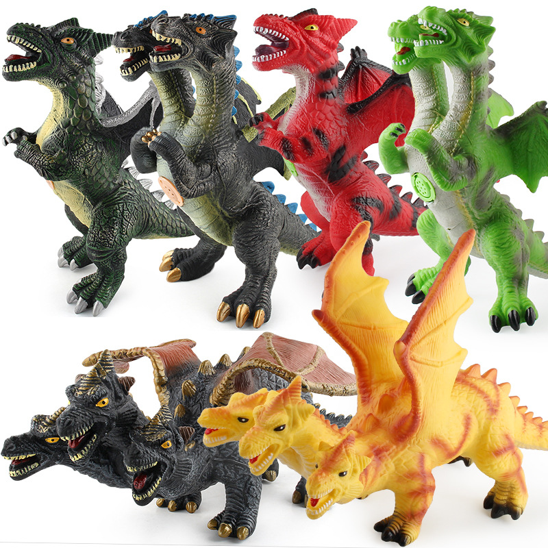 Fábrica al por mayor de los niños de simulación Jurásico dinosaurio modelo de gran sonido suave pegamento relleno de algodón de doble cabeza dragón mágico modelo