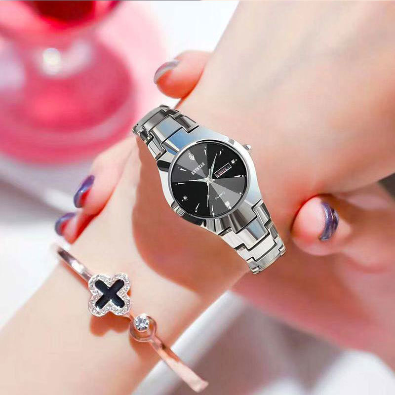 Reloj de mujer de acero de tungsteno totalmente automático popular en línea Reloj de estilo coreano simple impermeable luminoso doble calendario reloj no mecánico