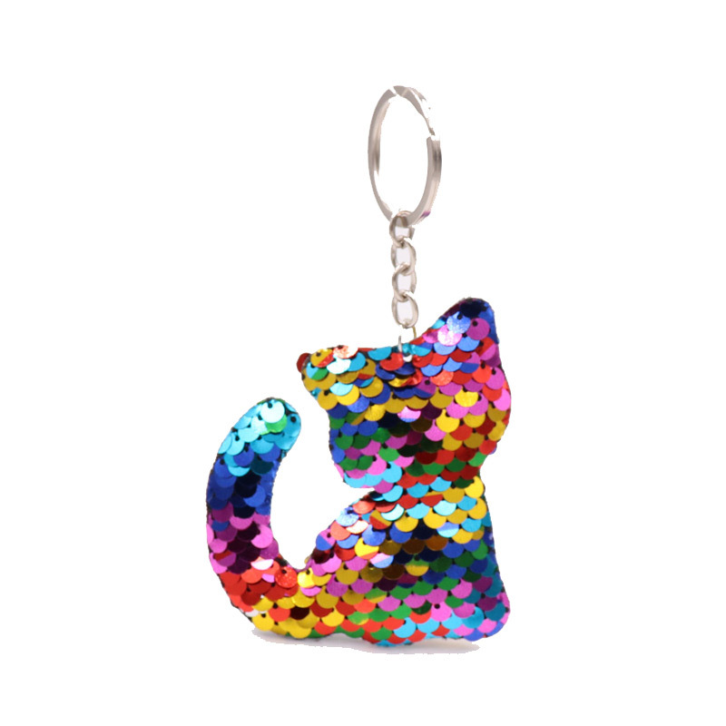 Lindo gatito llavero de lentejuelas reflexivo de doble cara bolsa de animales de lentejuelas llavero colgante de coche lote de fábrica