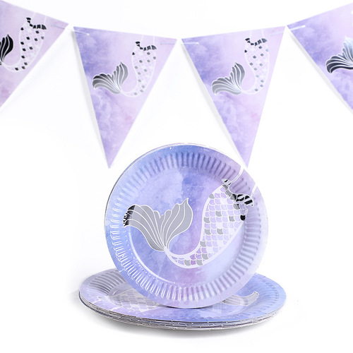 Disposable mermaid tableware hot stamping paper plates and cups birthday party wedding party cake set plastic cutlery