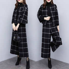 格子毛呢短外套阔腿裤套装女2025春秋新款休闲时尚洋气两件套裤潮