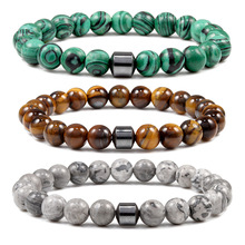 跨境黑色饰品欧美黑胆石手链火山石孔雀石8mm串珠手串弹力绳手环