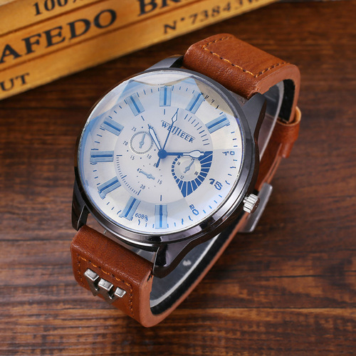 Fashionable business formal casual large dial belt quartz watch and bracelet set (3pcs/set)