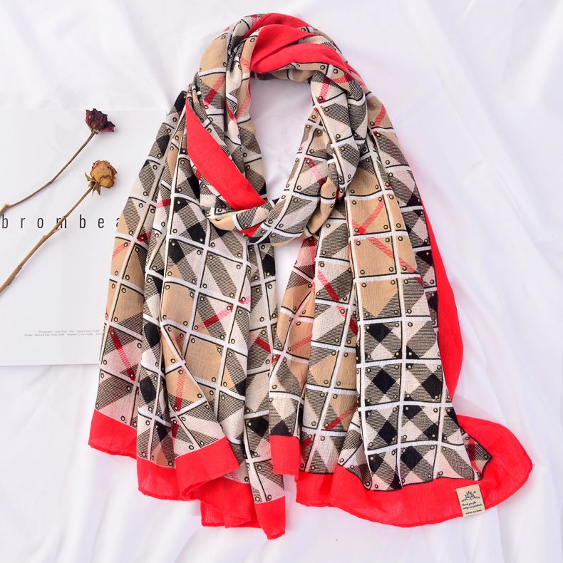 Bufanda de mujer de invierno estilo coreano versátil bufanda a cuadros de diamantes de verano aire acondicionado chal bufanda cálida Toalla de playa de algodón y lino