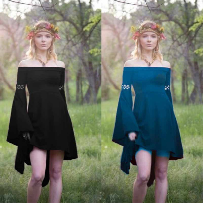Retro solid color outdoor casual dress long sleeve off-shoulder stretch skirt factory direct sales large quantity discount