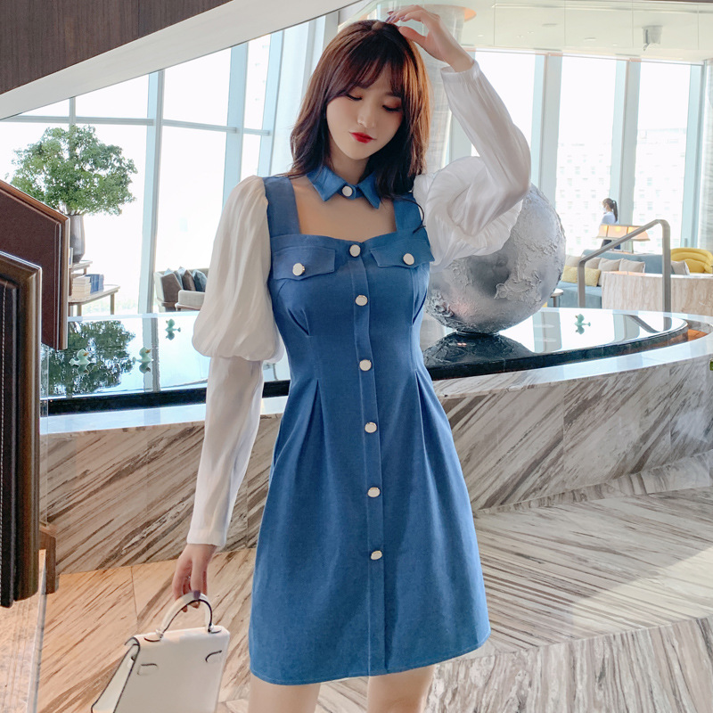 Đầm cổ búp bê tay phồng dáng suông — Màu xanh lam