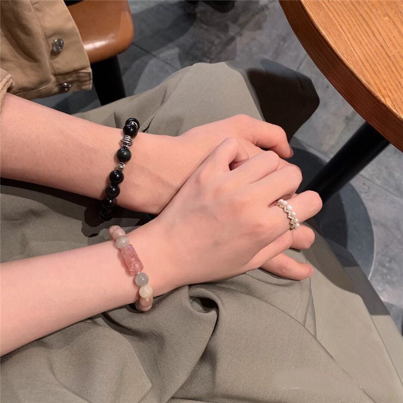 Natural Strawberry Crystal Pixiu Obsidian Couple Bracelet with Sunlight Stone Moonlight Stone Pair of Ins Niche Design