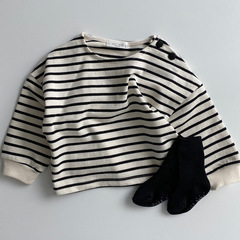 2023 Korean style infant and children's clothing striped round neck long-sleeved T-shirt children's shoulder open button casual bottoming shirt spring and autumn style