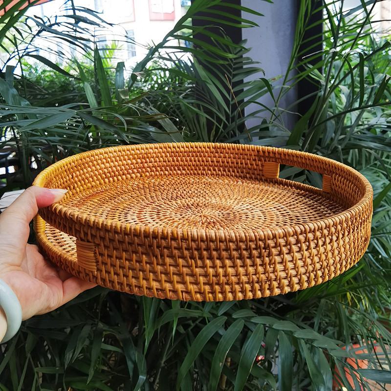 Fábrica al por mayor huafei fruta pan al vapor cesta de té caramelo merienda plato hecho a mano ratán bandeja de almacenamiento