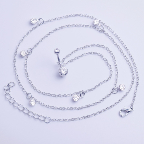 Popular Piercing Jewelry Belly Dance Long Cross Chain Double Diamond Belly Button Button Waist Chain AliExpress Simple