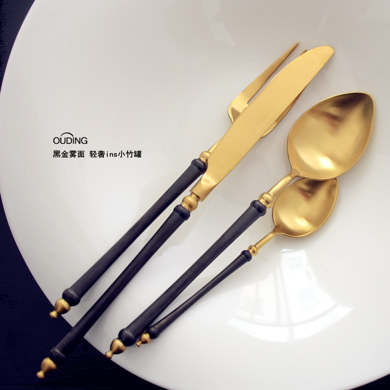Black gold matte light luxury knife, fork and spoon suit Japanese Bamboo concept household 304 stainless steel spoon chopsticks tableware Black gold matte light luxury knife, fork and spoon suit Japanese Bamboo concept household 304 stainless steel spoon chopsticks tableware