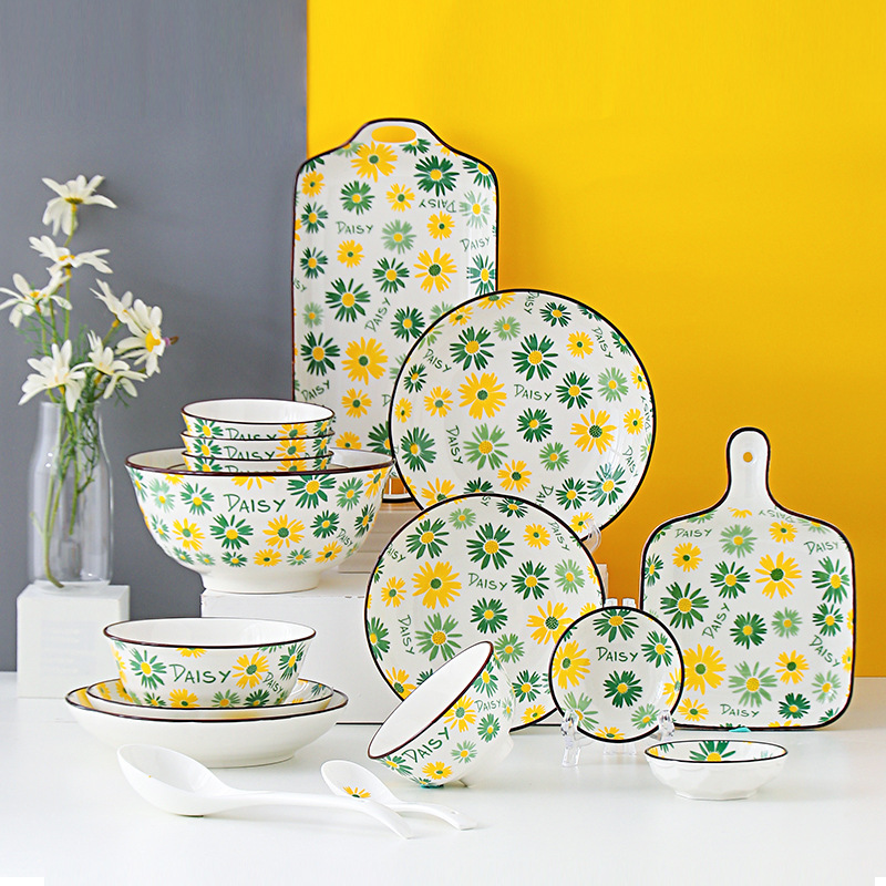 Japanese Style Daisy Ceramic Dishes and Dish Tableware Creative Fresh Style Household Dishes and Dish Underglaze Color Dishes and Dish Set