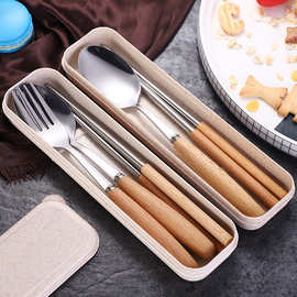 创意日式木柄餐具不锈钢勺叉筷三件套学生户外旅行便携餐具套装