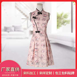 盘花扣撞色滚边印花旗袍裙来图来样来料包工包料加工定制中国风